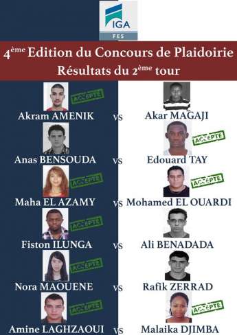 IGA Fès - Concours de plaidoirie 2014/2015 : Candidats retenus pour la demi-finale