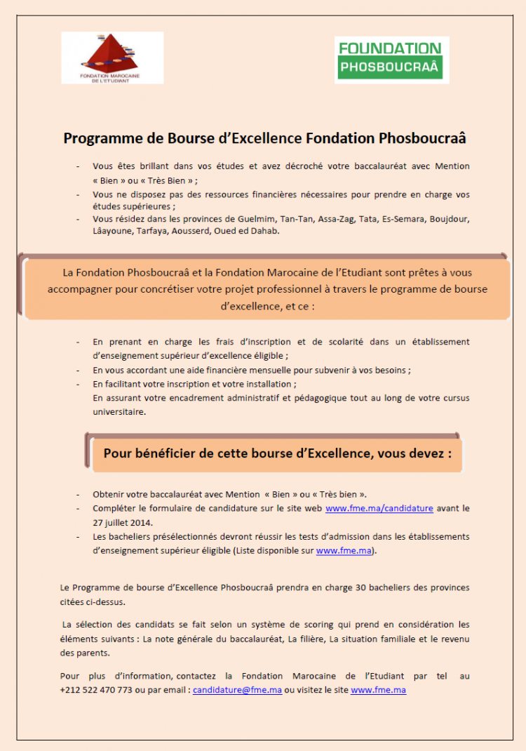 Programme de bourse d’excellence Fondation Phosboucraâ 2014-2015